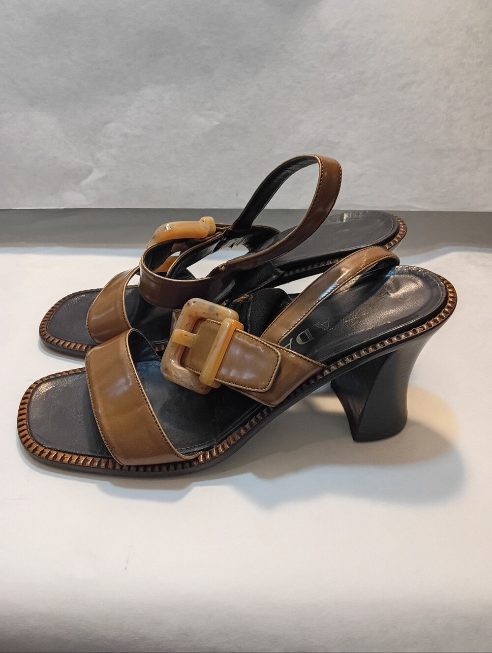 PRADA chunky leather sandals Big Buckle Block Heels Vintage 39